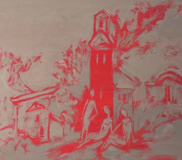 "Три сестры. Пожар". 2021. Оргалит. акрил. 100 х 110 см